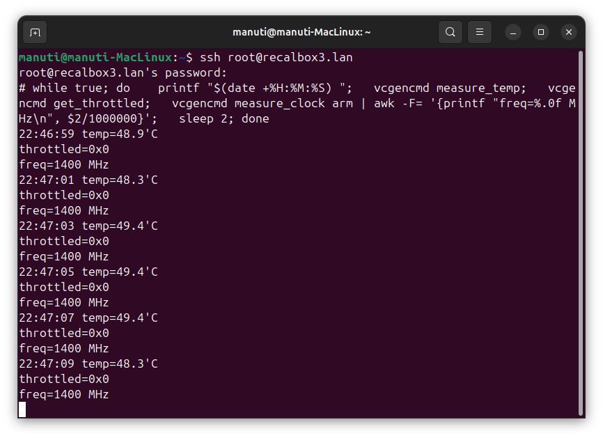 Recalbox v10 temperatura y velocidad por SSH Raspberry Pi 3