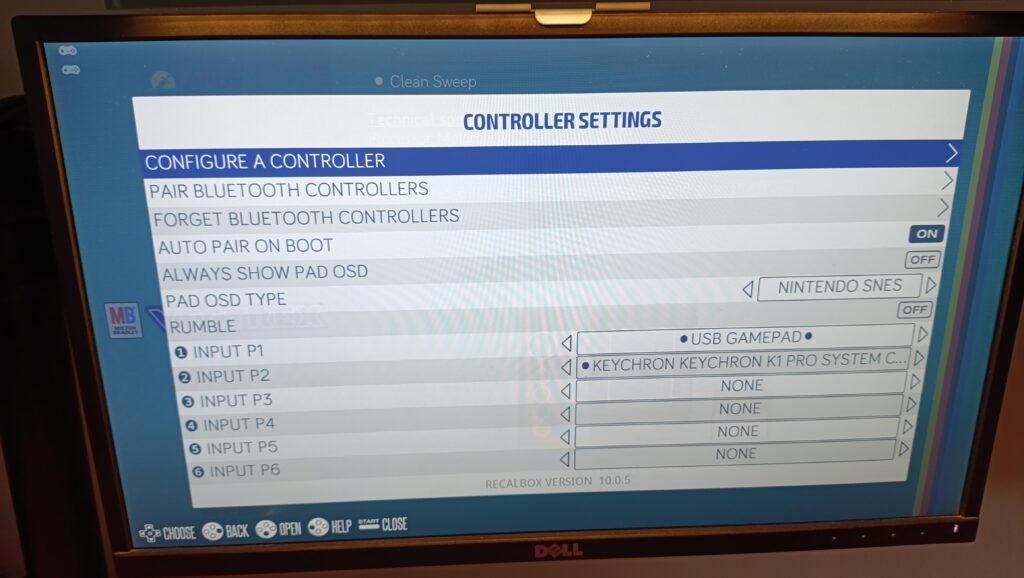 Menú de ajustes de mando en Recalbox 10 mostrando los controladores conectados