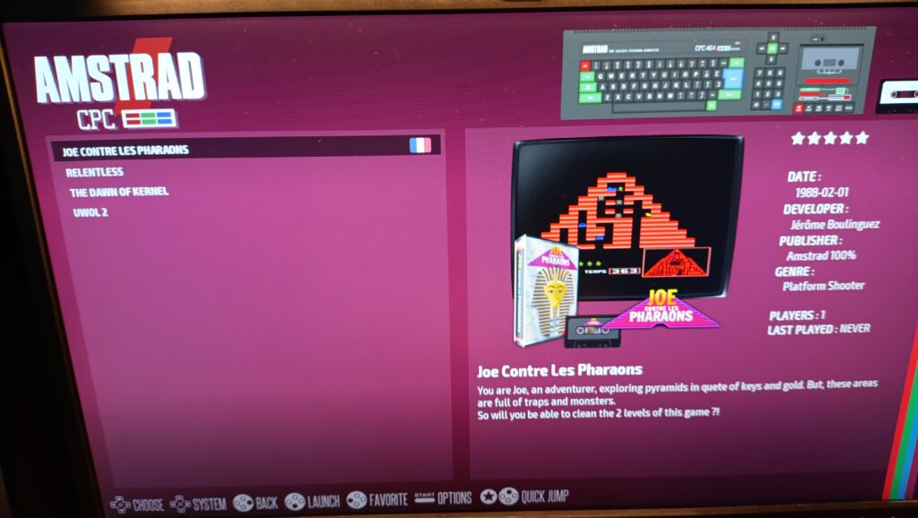 Ficha de un juego en EmulationStation con carátula, captura y metadatos completos