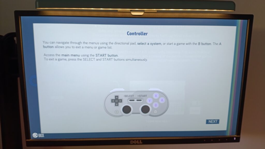 Pantalla del asistente de Recalbox explicando que Select más Start cierra el juego