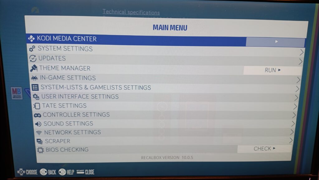 Menú principal de Recalbox 10 con Kodi, gestor de temas y ajustes del sistema
