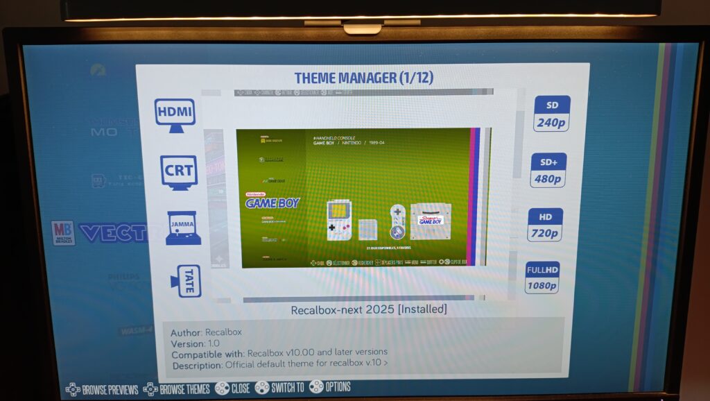 Gestor de temas de Recalbox 10 con la vista previa del tema por defecto