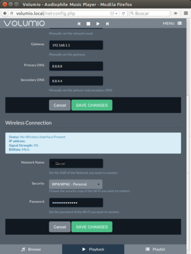volumio network settings configurar red wifi wireless