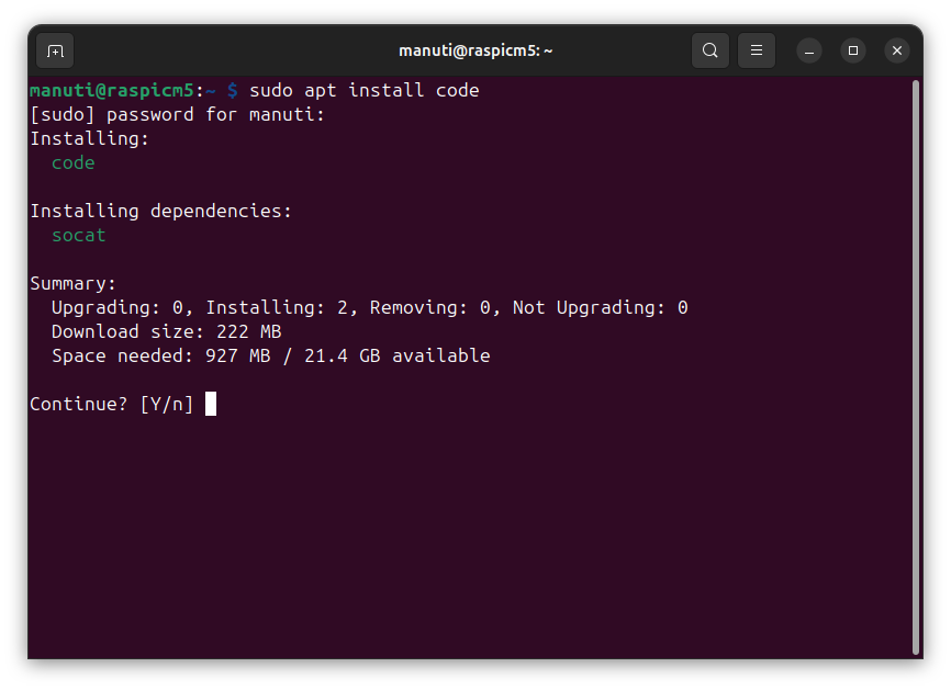 01_2_Terminal con `sudo apt install code` mostrando paquetes y tamaño