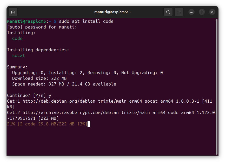 01_2_Terminal con `sudo apt install code` mostrando paquetes y tamaño