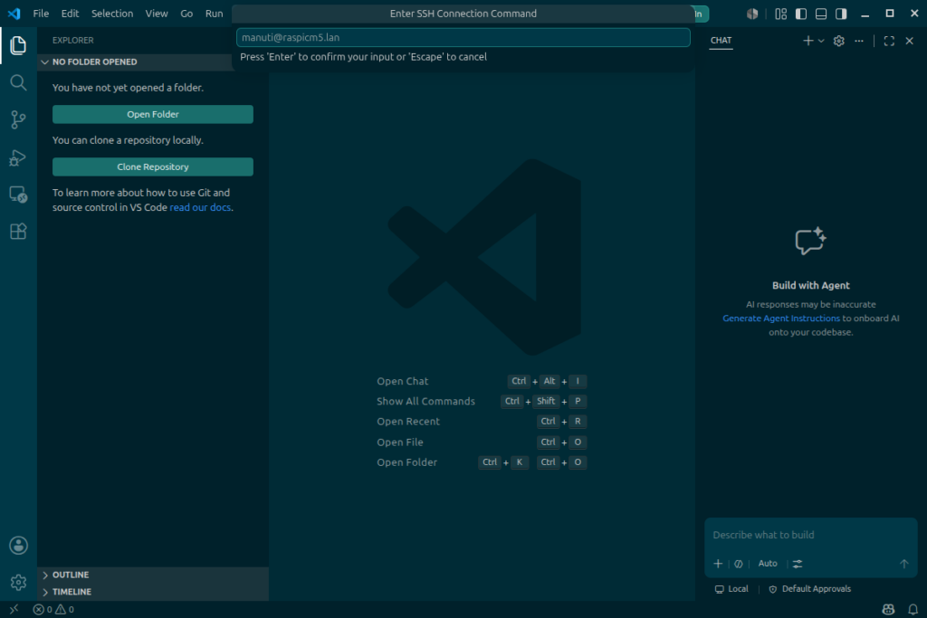 07_1_VS Code conectado: barra inferior verde con SSH:hostname, árbol remoto y terminal integrada