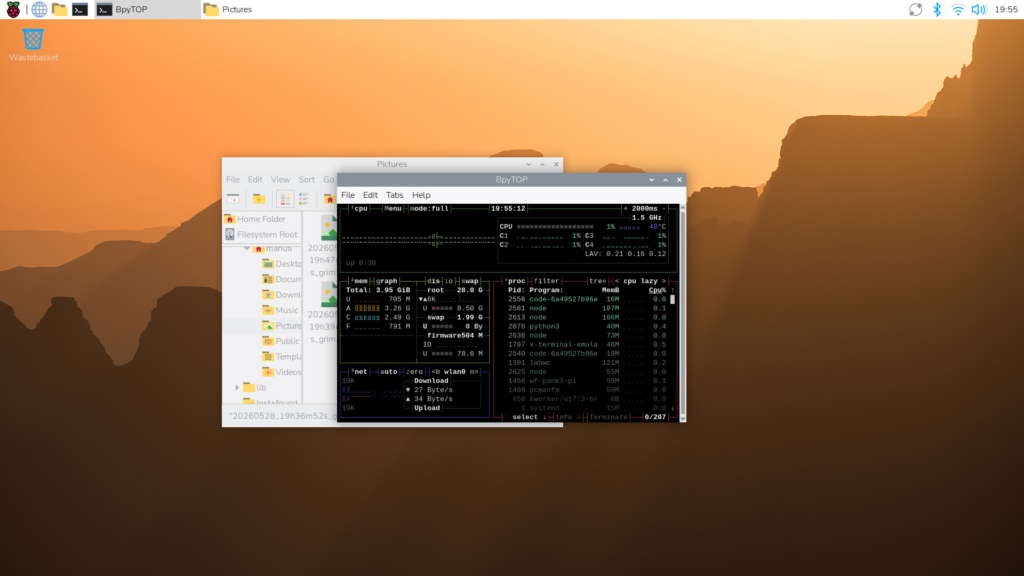 08_bpytop en la Pi mostrando procesos node de .vscode-server con su consumo de RAM