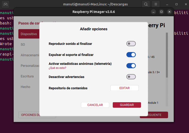raspberry pi imager modo gadget paso 2