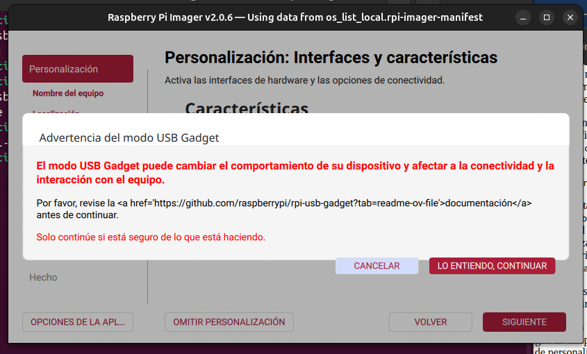 raspberry pi imager modo gadget paso 8