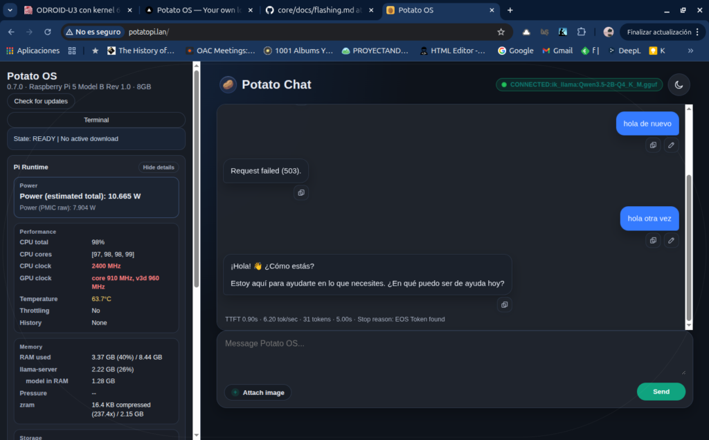 otato Chat con respuesta "¡Hola! ¿Cómo estás?" y métricas TTFT 0.90s / 6.20 tok/sec