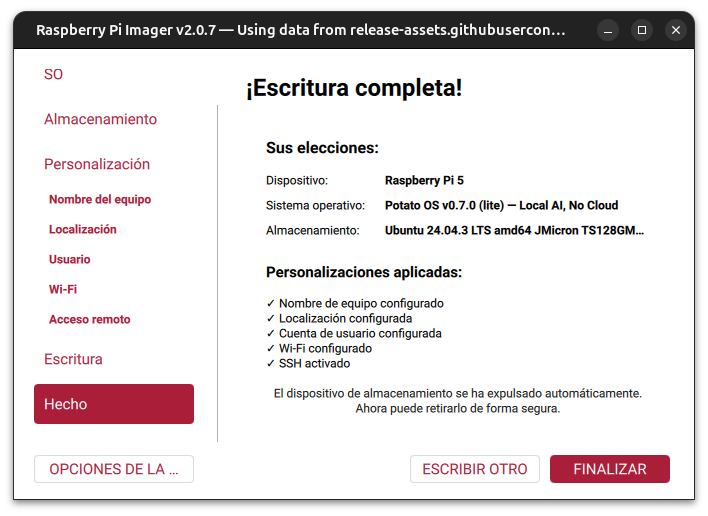 Pantalla "¡Escritura completa!"