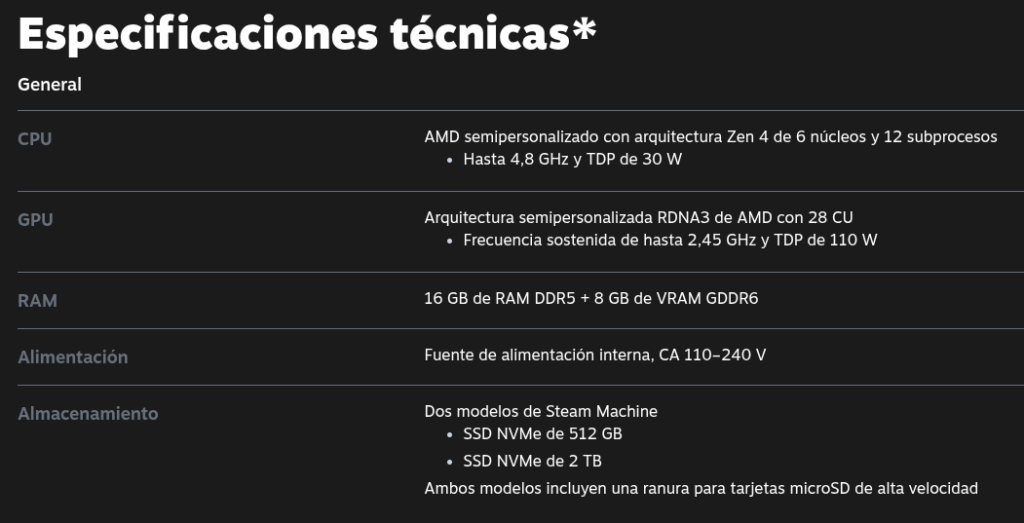 STEAM MACHINE specs