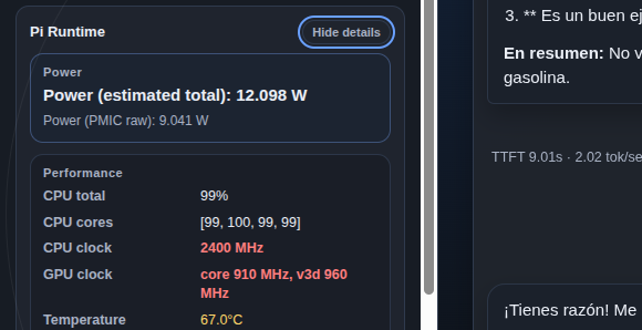 panel Pi Runtime con model in RAM 4,65 GB, 67C, throttling No, 12 W bajo carga