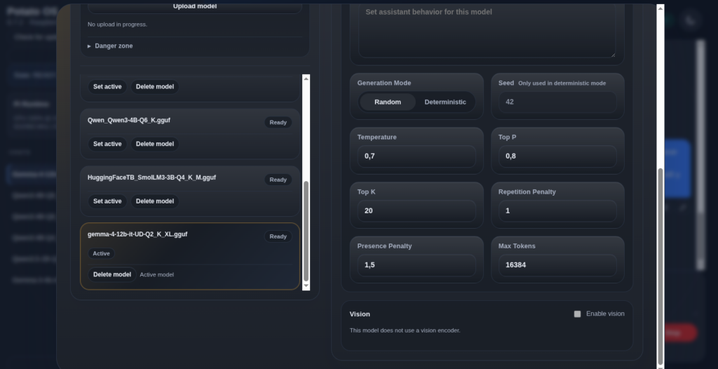 Settings de Potato OS con gemma-4-12b-it-UD-Q2_K_XL.gguf marcado como Active.png
