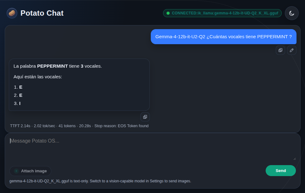 prueba PEPPERMINT en chat limpio, respuesta correcta 3 vocales, TTFT 2,14s 2,02 tok/s