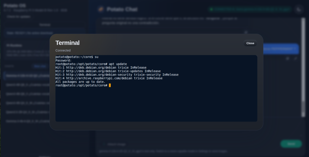 terminal web mostrando su a root tras apt update