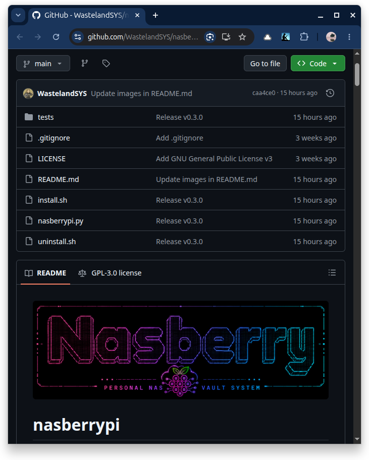 NasberryPi en GitHub mostrando la versión 0.3.0 y la licencia GPL-3.0