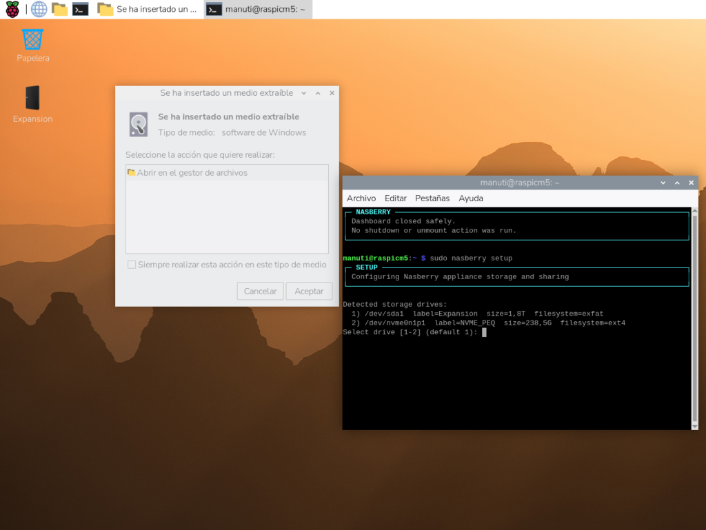 Nasberry pi en funcionamiento en Raspberry Pi OS